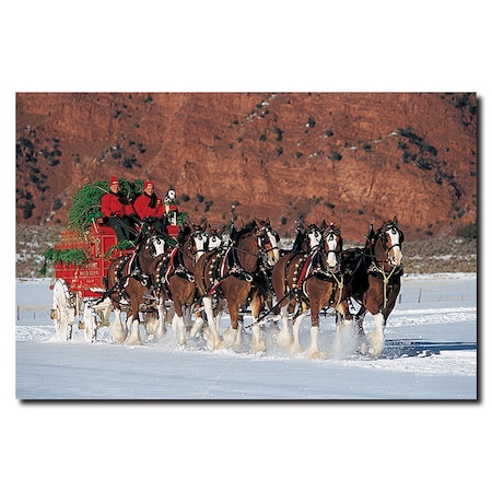 Clydesdales In Snow With Carriage & Xmas Tree - 16x24 Canvas,16x24